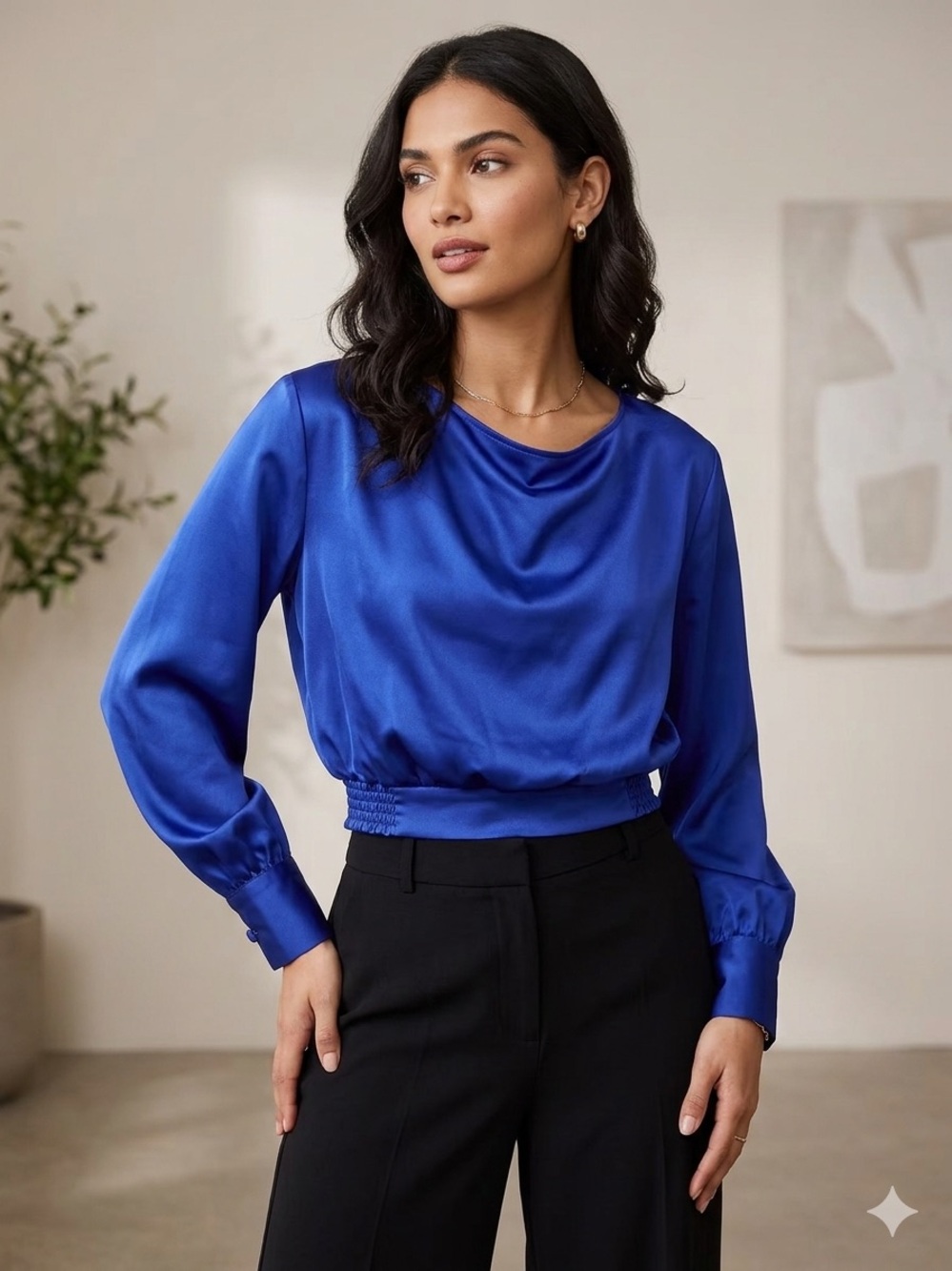 LOFT Women's Royal Blue Long-Sleeve Satin Blouse